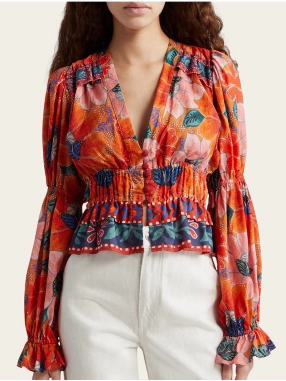 FARM Rio Orange Floral V-Neck Smocked Waist Long-Sleeve Blouse
